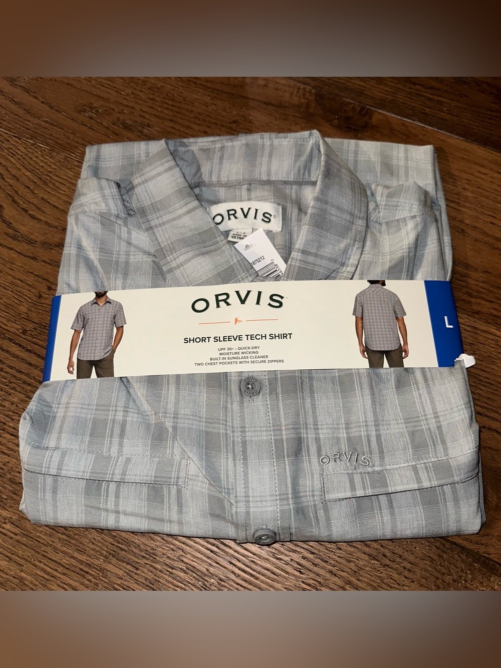 NWT Orvis Gray Plaid Button Up Short Sleeve Tech Shirt Mens Large